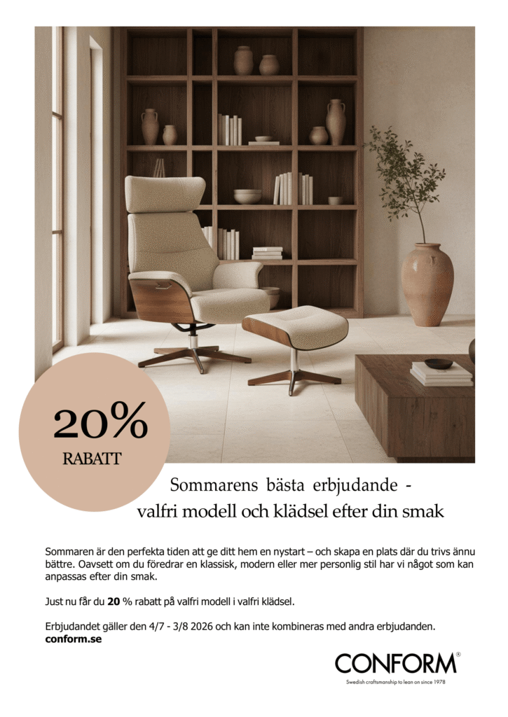 Kampanj REA Erbjudande på CONFORM 20% rabatt på på fåtöljer, läderfåtöljer, recliner, reclinerfåtöljer. Säljs av SängComfort i Flygstaden Halmstad. Fri leverans på köpet. 20% rabatt på hela sortimentet. Fri leverans inom Halland. Fåtölj Gazell, Fåtölj Daisy, Fåtölj Turtle. Läder, tyg.
